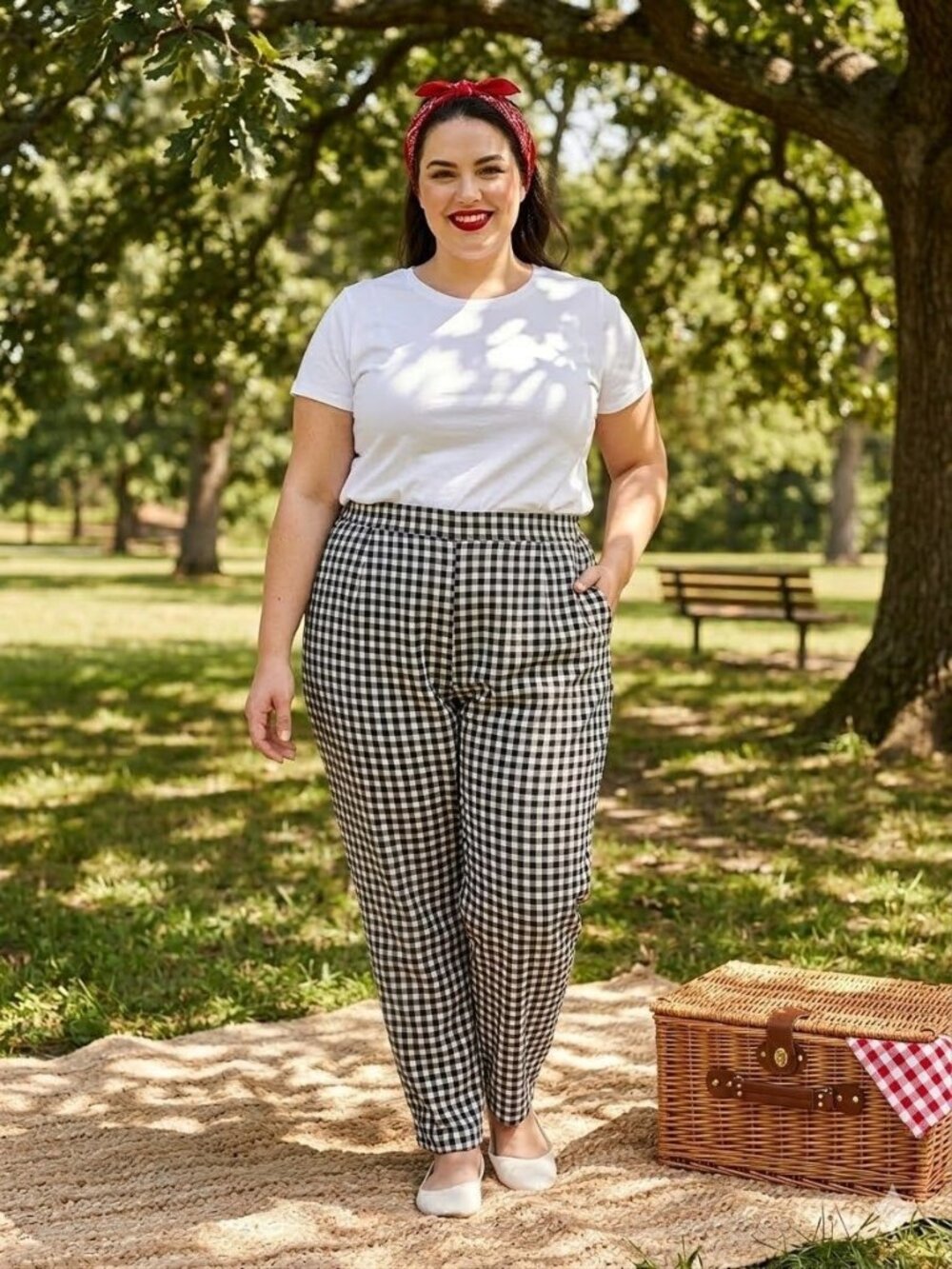 Lucy & Yak Black White Gingham Plaid Trousers Plus Size 32 4XL Organic Cotton